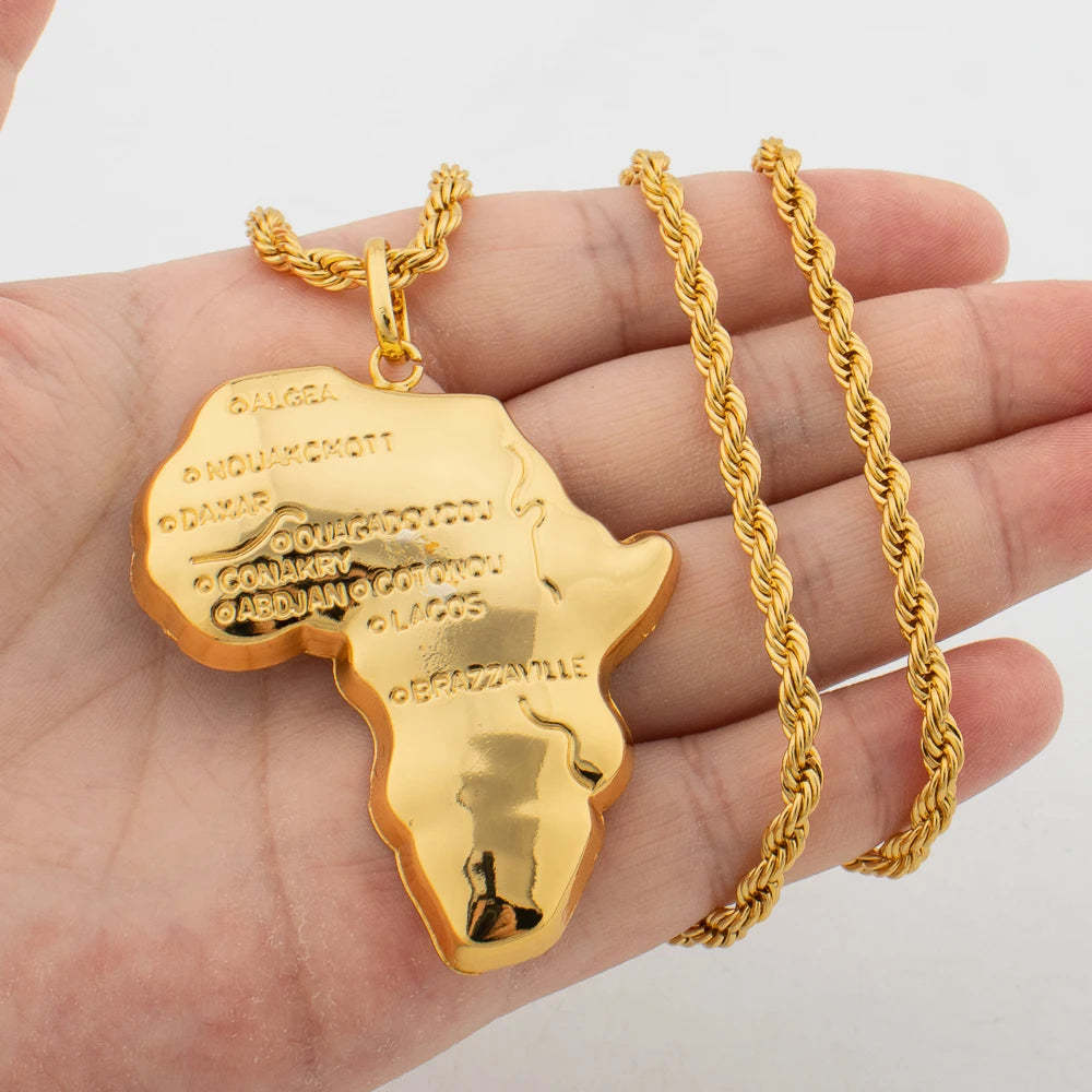 Africa Map Pendant Gold Color 60cm Necklaces for Women Men African Maps Jewelry High Quality Unique Elephants Leopards Jewellry