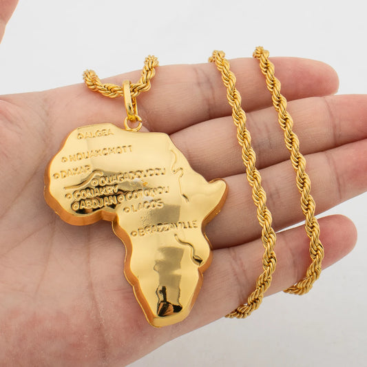 Africa Map Pendant Gold Color 60cm Necklaces for Women Men African Maps Jewelry High Quality Unique Elephants Leopards Jewellry