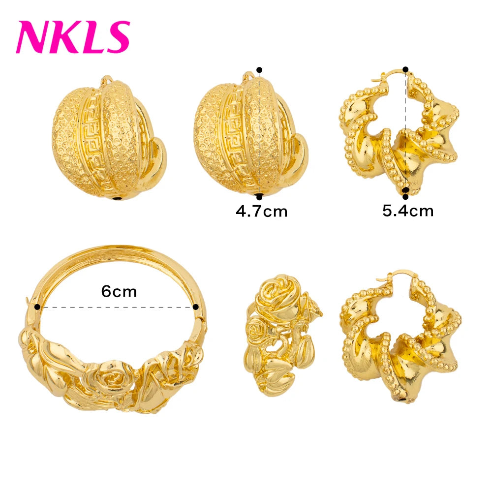 Dubai Women Luxury Bangles Earrings Rings Set High Quality Classic Gold Color Jewelry Sets Fashion Bridal Jewelry Wedding Party