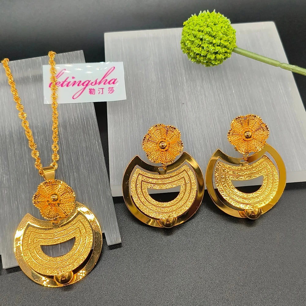 Good Luck & fortune Round Gourd Pendant Set For Women Necklace Earring Nigerian Gold Plated Jewellery Dubai Wedding Bridal Gift