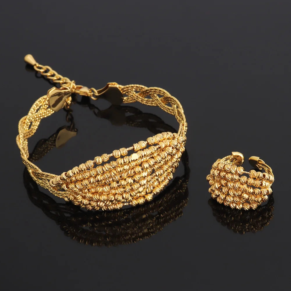 Luxury Copper Bracelet Ring Sets for Women Arab Spiral Design Gold Plated Jewelry Set For Easter Gifts Wedding Ethiopian Party