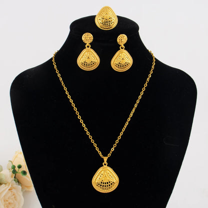 YM Gold-plated Women Jewelry Set India Dubai Earrings Ring Necklace Nigeria Gold Color Hollow  Jewelry Apply to Wedding Mother's