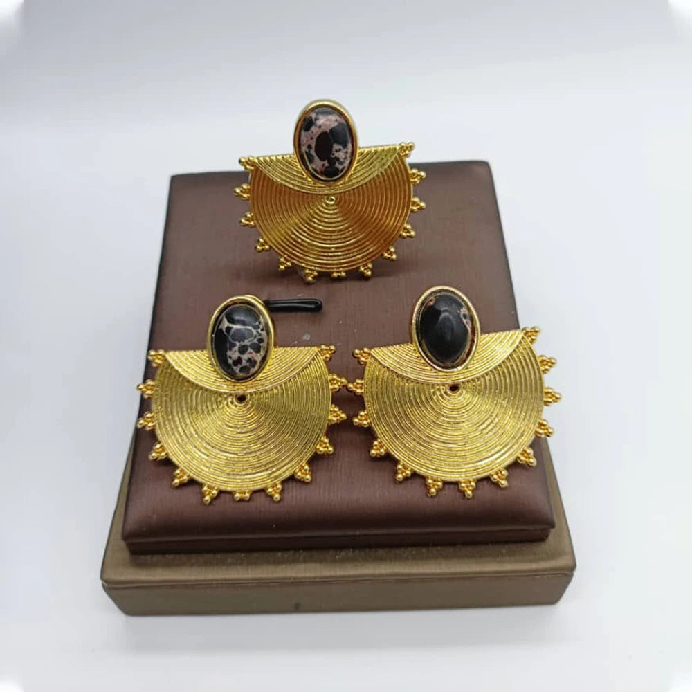 gold dubai jewelry set Gold Color Earrings Ring Set for Women Indian Luxury Earrings Ring Turkish Wedding Bride Design Jewelry