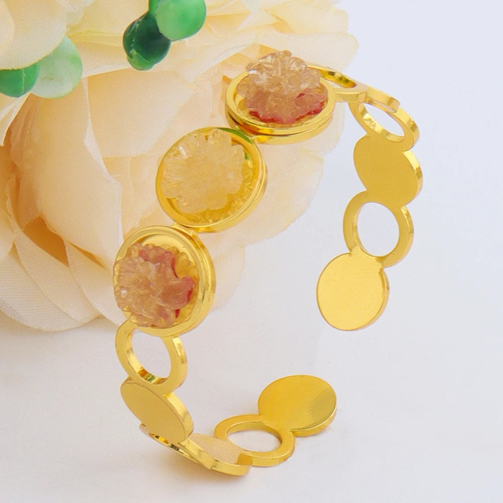 New Stylish Round Cuff Bangle Gold Plated Cubic Zirconia Floral design Charm Bracelet Party Women Men Gifts Jewelry