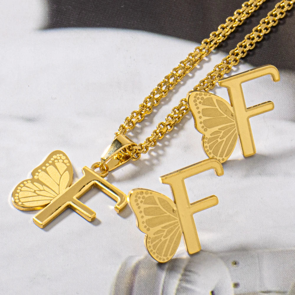 Dainty Butterfly Letters Earring necklace Stainless Steel Jewelry Set For italian Girl Wedding Summer Jewelry Gift