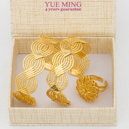 Dubai Trend Jewelry Set for Women, Gold Color Cuff Bangle with Ring, New Design, Beads Bracelet, Wedding Accessories, Bridal Jew