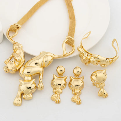 Fashion Women Jewelry Set Luxury Leopard Necklace Animal Pendant Charm Bracelet Gold Color Drop Earrings Party Anniversary Gift