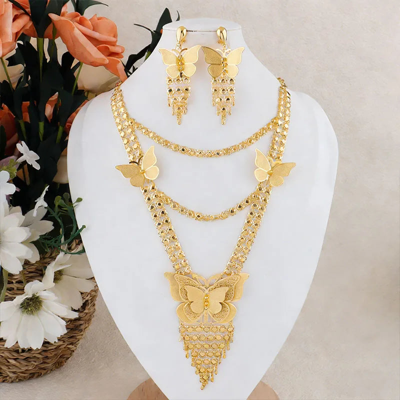 New Indian Gold color Long Necklace Set Nigerian Party Bride Wedding Luxury Dubai Earrings Jewelry Women's Valentine's Day Gift