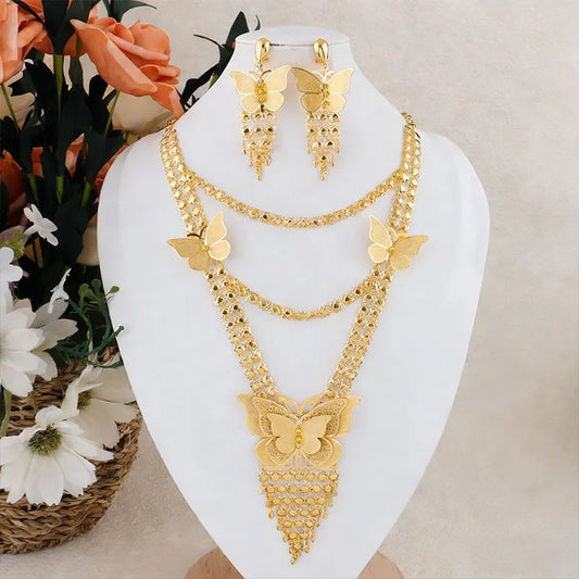 New Indian Gold color Long Necklace Set Nigerian Party Bride Wedding Luxury Dubai Earrings Jewelry Women's Valentine's Day Gift