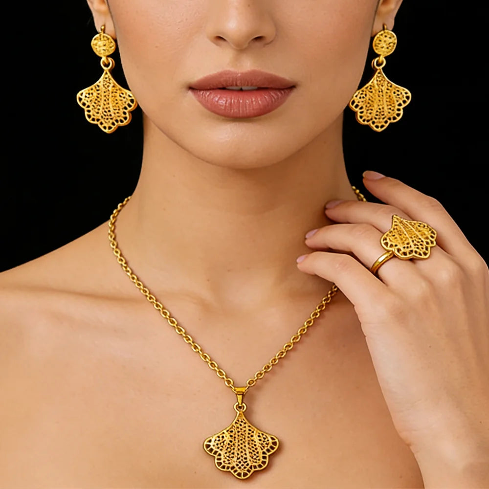 18K Gold Color Plated Middle Eastern Necklace Ring Earrings Set for Women, Dubai Luxury Bridal Gift, Elegant Women's Jewelry Set