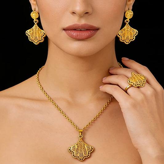 18K Gold Color Plated Middle Eastern Necklace Ring Earrings Set for Women, Dubai Luxury Bridal Gift, Elegant Women's Jewelry Set