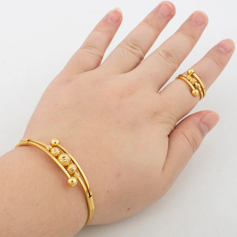 Dubai Gold Color Bangles Ring Fashion Round Beads Charm Bracelet Luxury Hand Jewelry for Wedding Party Gifts Jewellery Accessory