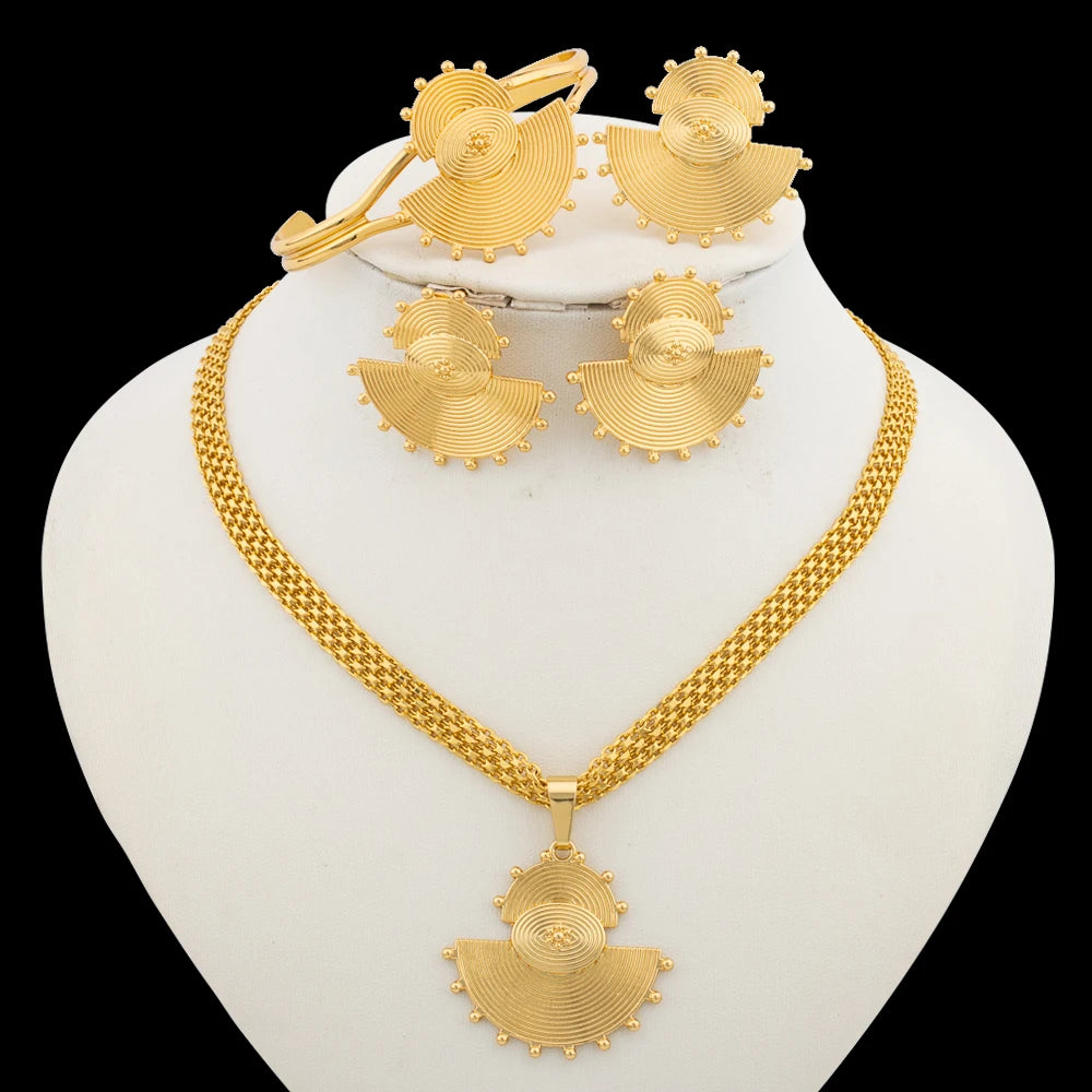 Gold Color Necklace Earring Ring Bangle Jewelry Set for Women, Bridal Engagement Party Gift, Elegant Jewellery Woman Accessories