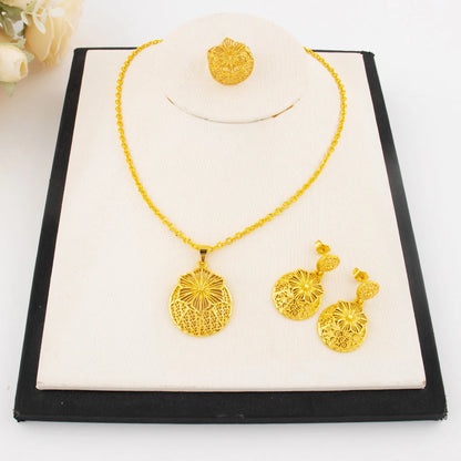Luxury Arabic Gold Wedding Jewelry Set Gold Plated Dubai Bridal Necklace Earrings Ring Nigeria Women Vintage Jewelrys Gift