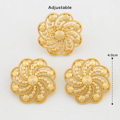 Gold Color Earrings and Finger Ring 2Pcs Set for African New Design Clip Earrings and Large Ring Set Daily Wear Bride Jewellery