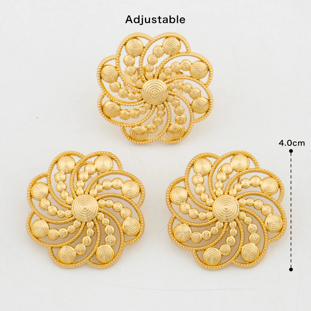 Gold Color Earrings and Finger Ring 2Pcs Set for African New Design Clip Earrings and Large Ring Set Daily Wear Bride Jewellery
