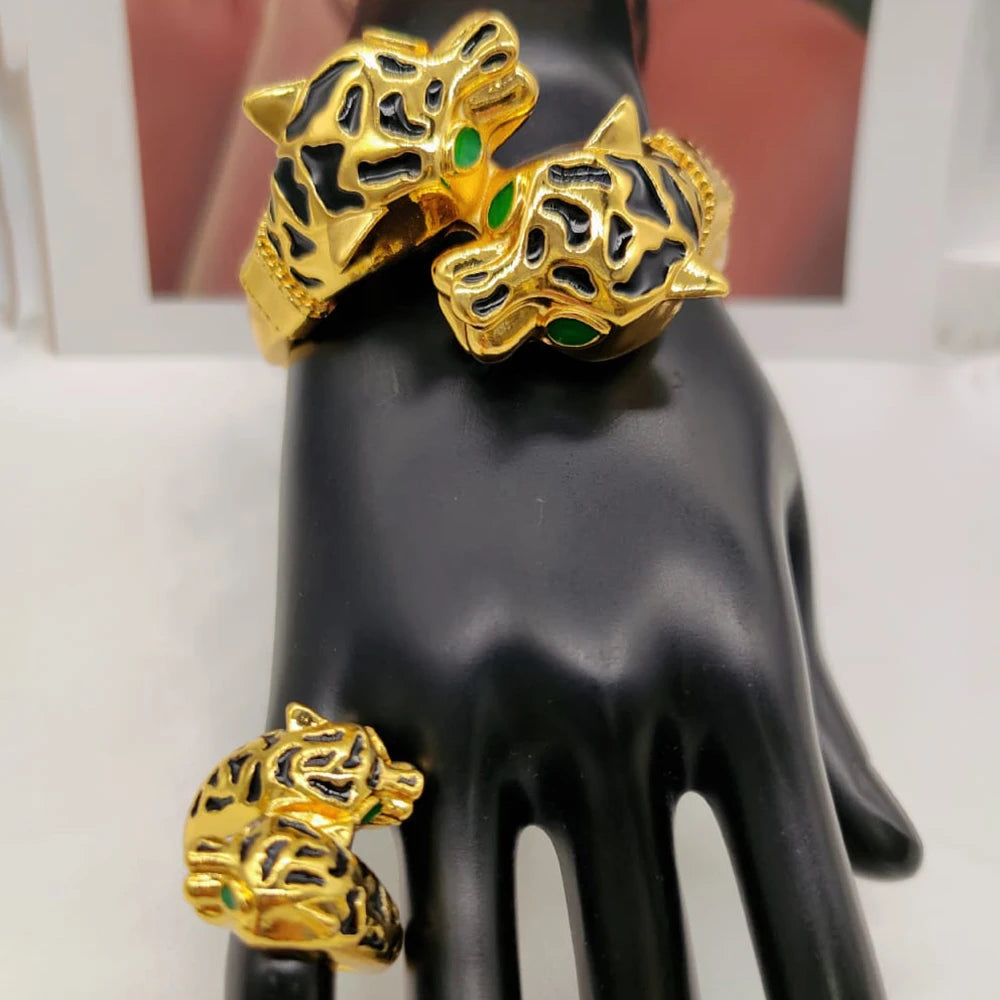 cmoonry 2025 Trendy Gold Color Leopard Bangles Rings For Women Luxury AAA Cubic Zirconia Inlay Copper Jewelry Accessories