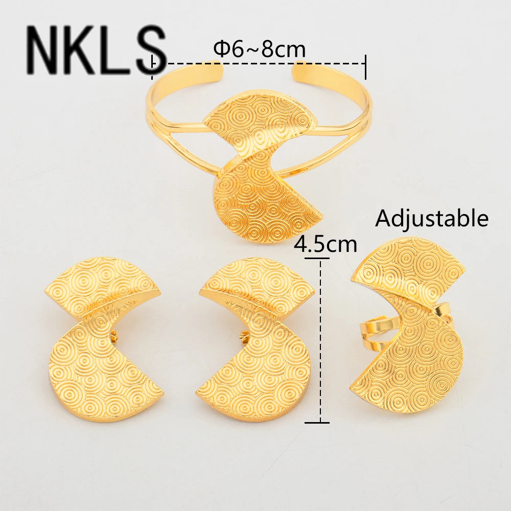 Dubai African Clip Earrings Cuff Bangle & Ring Set, Luxury Jewelry for Women, Wedding Party Gift, Elegant Jewelry Women