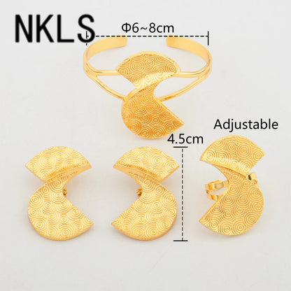 Dubai African Clip Earrings Cuff Bangle & Ring Set, Luxury Jewelry for Women, Wedding Party Gift, Elegant Jewelry Women