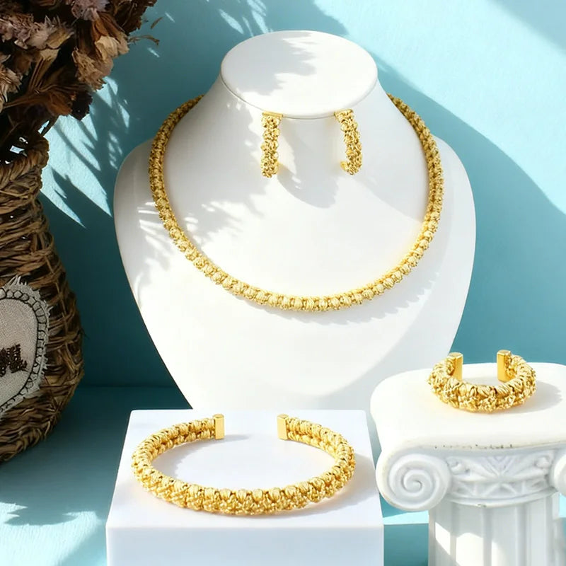 Gold Plated Weaving Tassel Pendant Necklace Earrings Bracelet Ring Jewelry Set for Women Fashion Jewelry Gift for Party Wedding