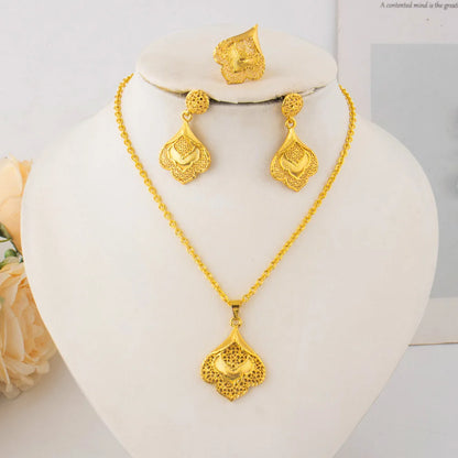 Spain Fashion Gold-Tone Jewelry Set for Women – Classic Earrings Ring Necklace, Elegant Daily Wear & Party Wedding Gift, Mother