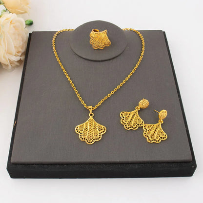18K Gold Color Plated Middle Eastern Necklace Ring Earrings Set for Women, Dubai Luxury Bridal Gift, Elegant Women's Jewelry Set
