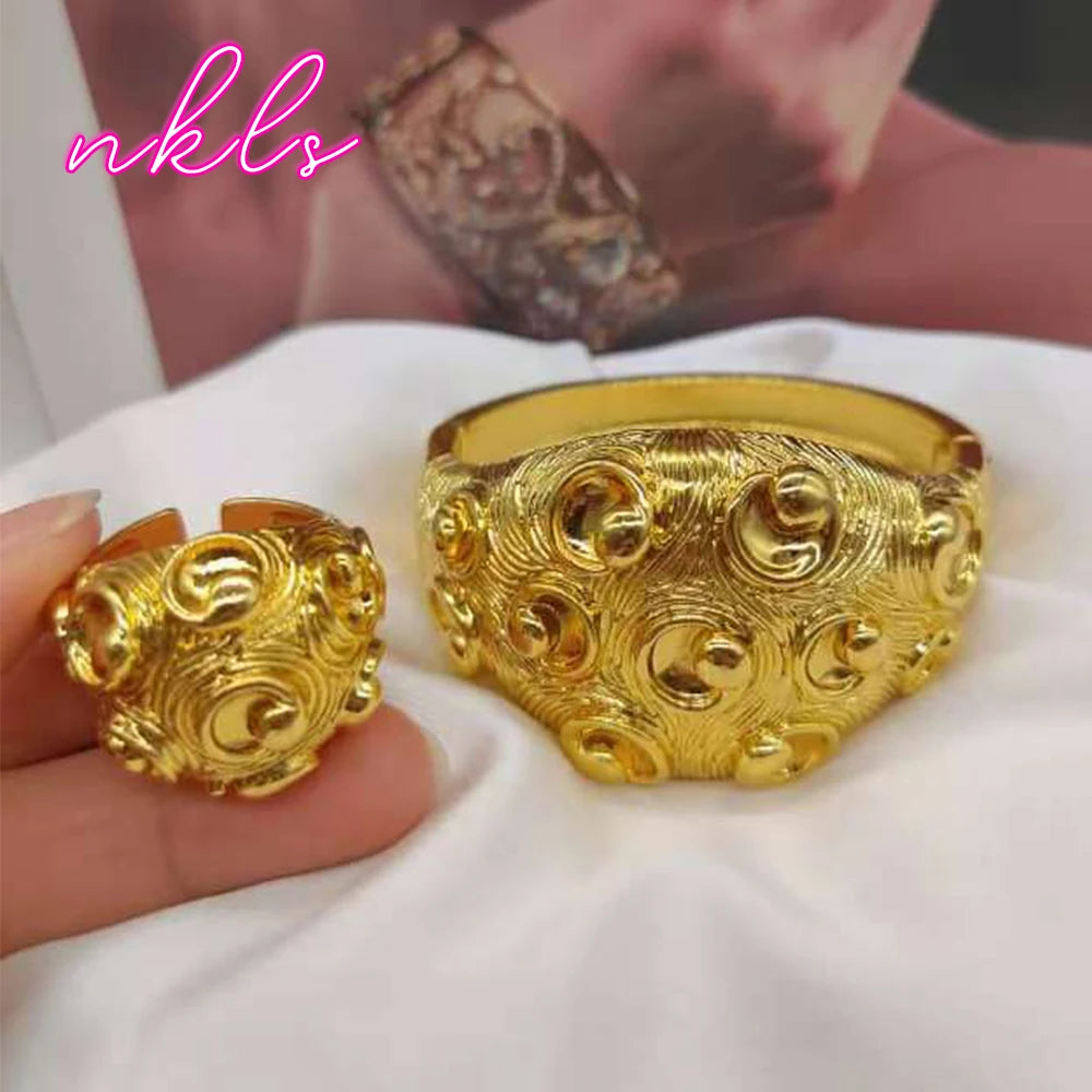 Fashion Copper Bracelet Ring Sets for Women Dubai Luxury  Plated Jewelry Set African Exquisite Bangle Bracelet Ring Sets