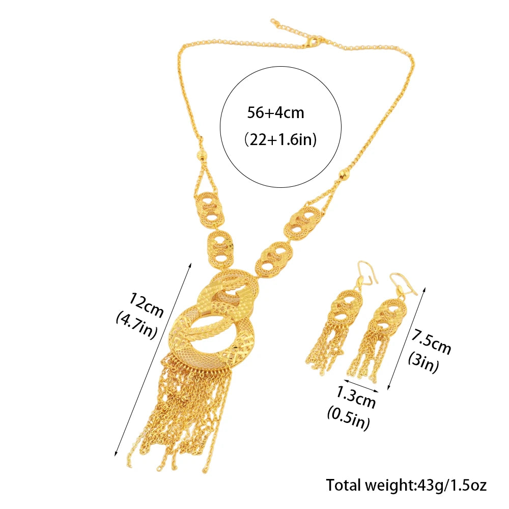 Luxury Gold Plated Long Chain Necklace Earrings Set for Women India Noble Nigeria Bride Jewelry Gift for Wedding Party