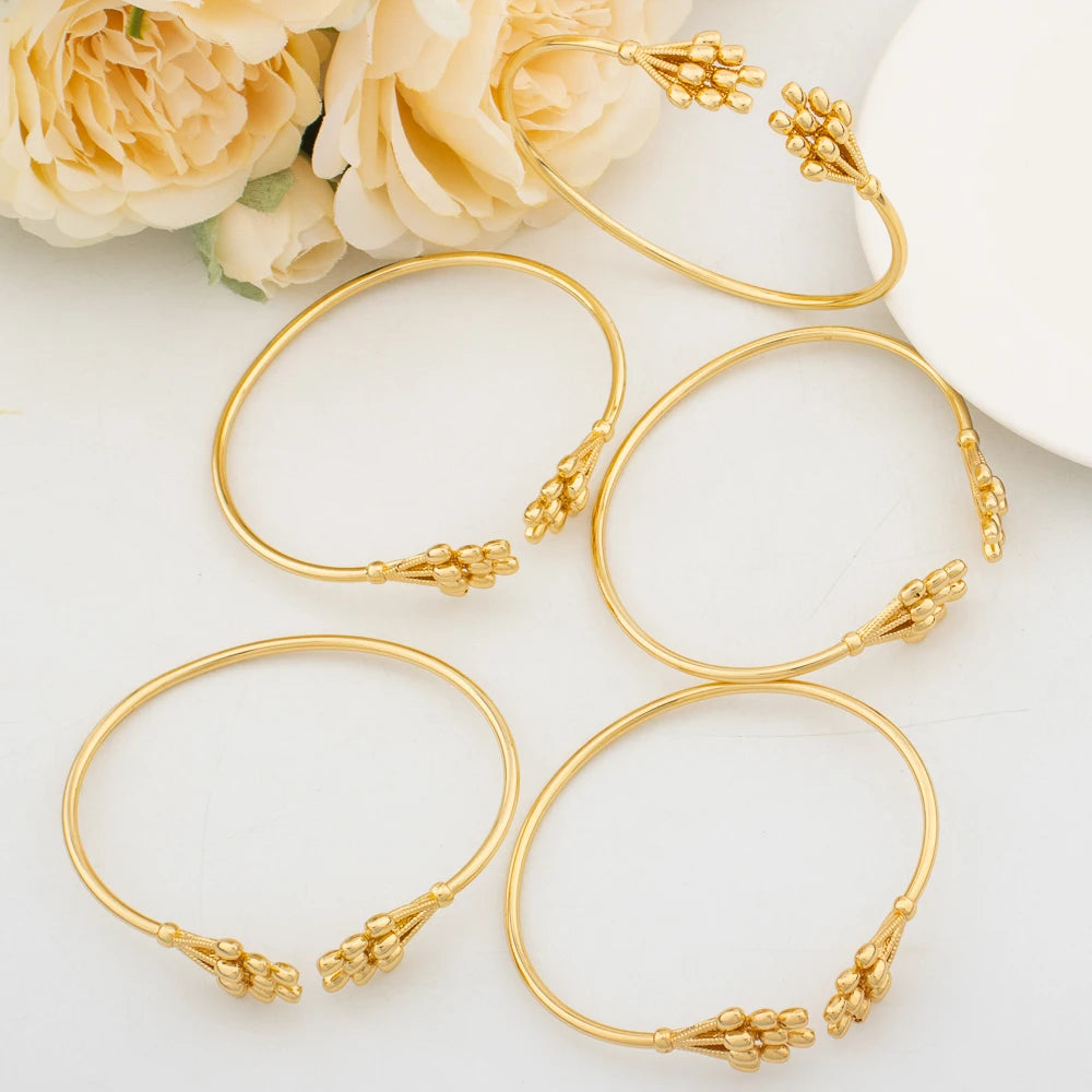 5pcs/Set Cuff Bangles Dubai Gold Color Bracelets For Women Lucky Beads Jewelry Nigerian Wedding Party Luxury Jewelry Accessories