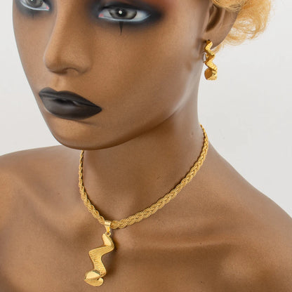 Ethiopian Gold Color Jewelry Set for Party Elegant Pendant Necklace and Hoop Earrings African Women Cuff Bangle Ring Set