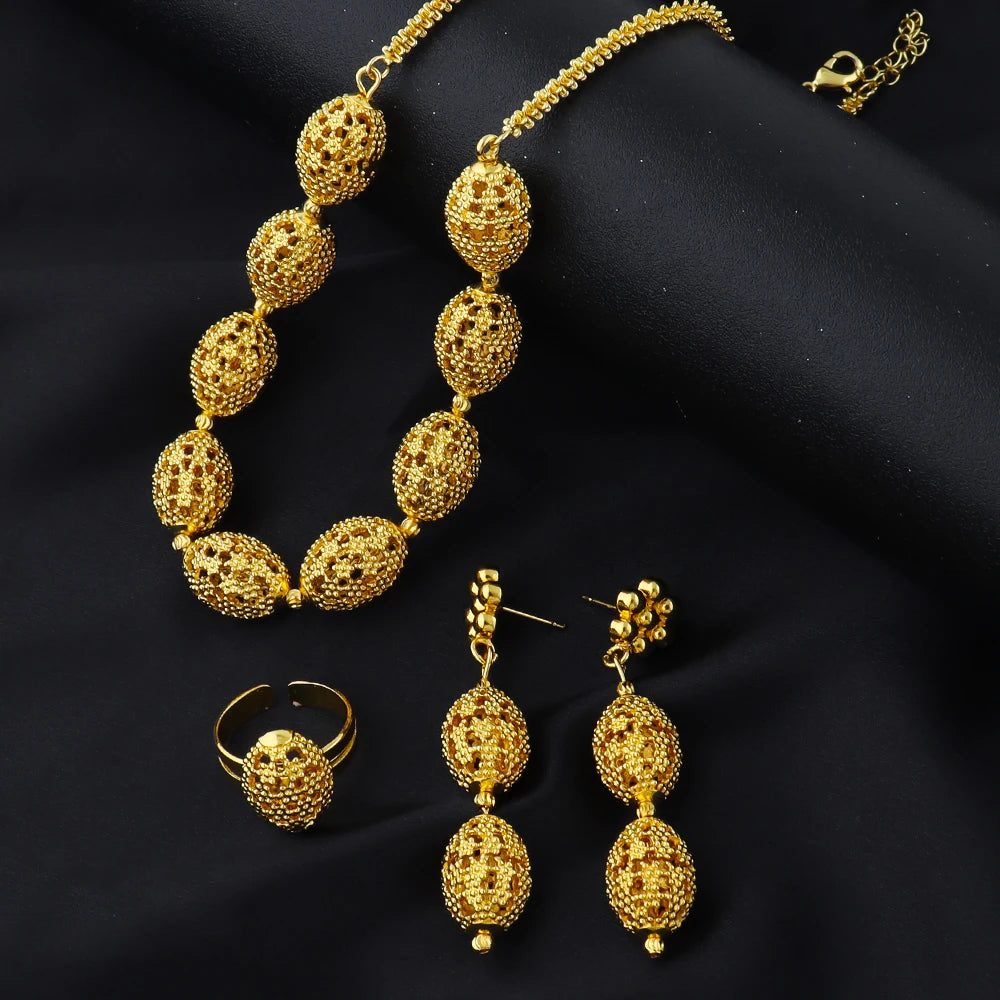 women  jewelry set indian arabic african ethiopian golden color jewelry set Hollow Out Oval Necklace Earrings Ring free shipping