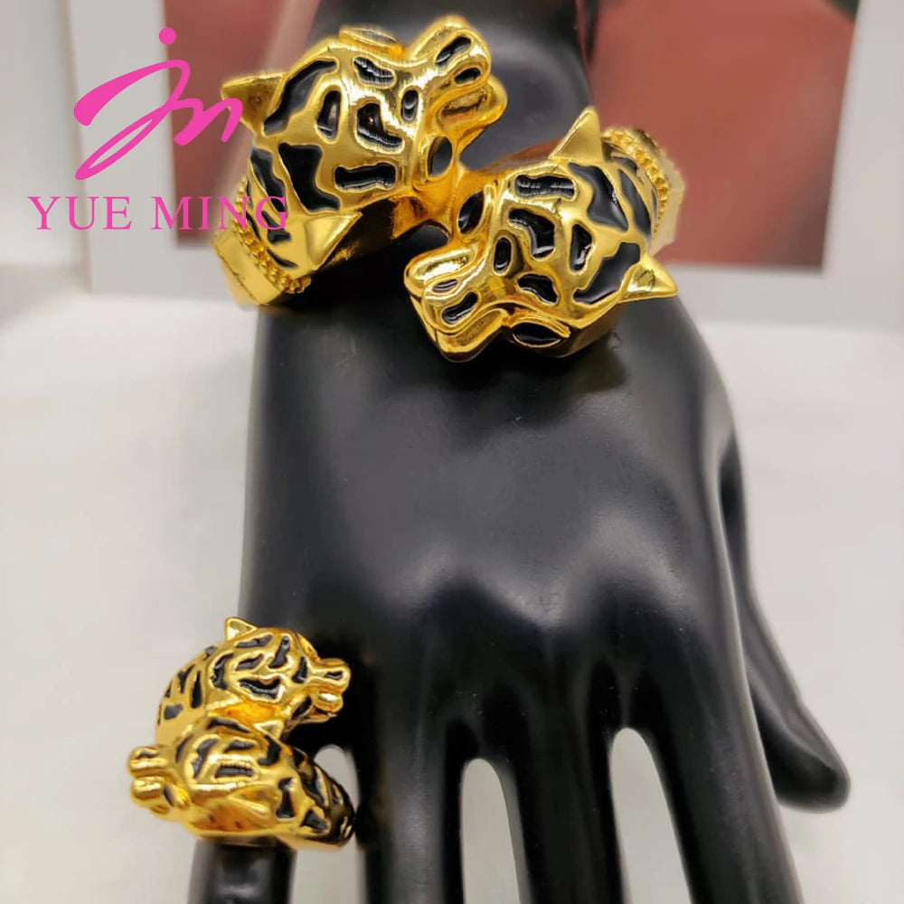YM 2pcs bracelet ring set For Women dubai Leopard bracelet ring set Party Fashion Adjustable Ring Jewelry Accessories
