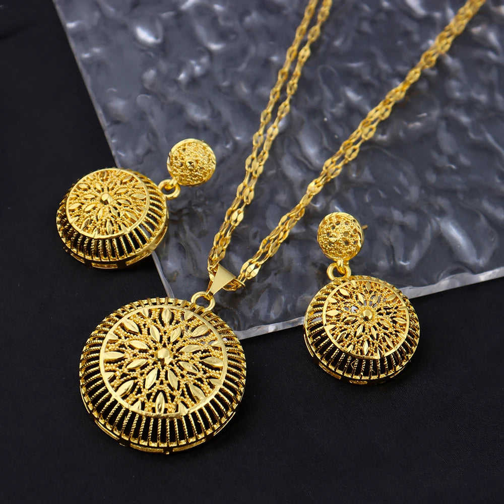 Gold Color Light Luxury Big Round Necklace Earrings Set for Women Tassels Gold Plated Jewelry Party Wedding Gift Accessoires