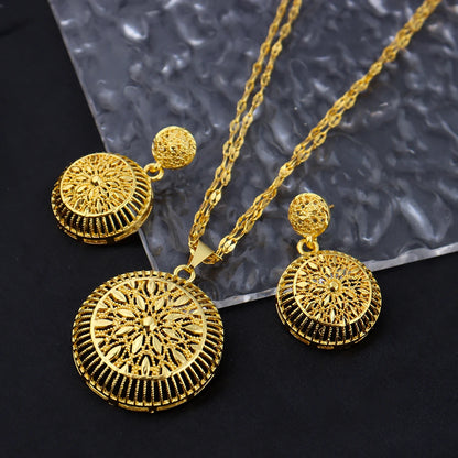 Gold Color Light Luxury Big Round Necklace Earrings Set for Women Tassels Gold Plated Jewelry Party Wedding Gift Accessoires
