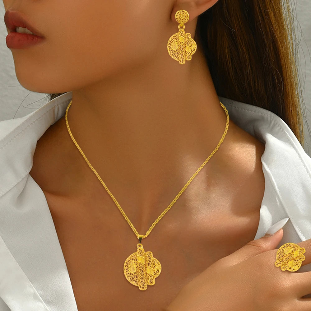 Dubai Costume Gold Plated Floral Jewelry Set Necklace Earrings Combo Women Bridal Party Accessories