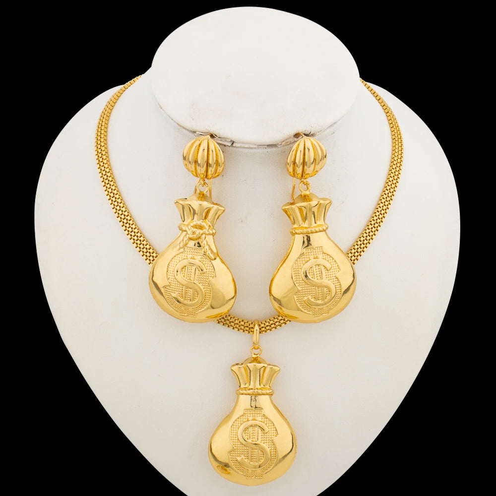 African Gold Color Jewelry Set for Women Drop Earrings and Pendant Necklace Dubai Bangle Ring 4Pcs Set for Anniversary Jewelry