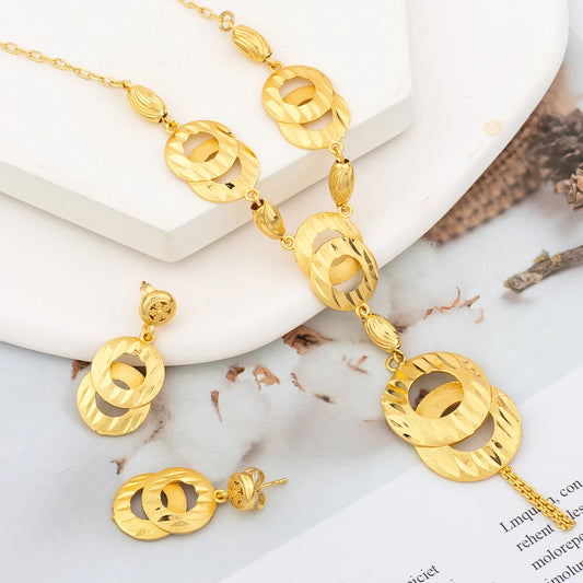 Gold Color Long Necklace and Earrings Jewelry Set Italian 18K Gold Plated Copper Drop Earrings and Necklace Party Anniversary