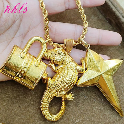 Plated African Dubai Men Head Pendant Necklace 60cm Chain Hip Hop Jewelry Gift