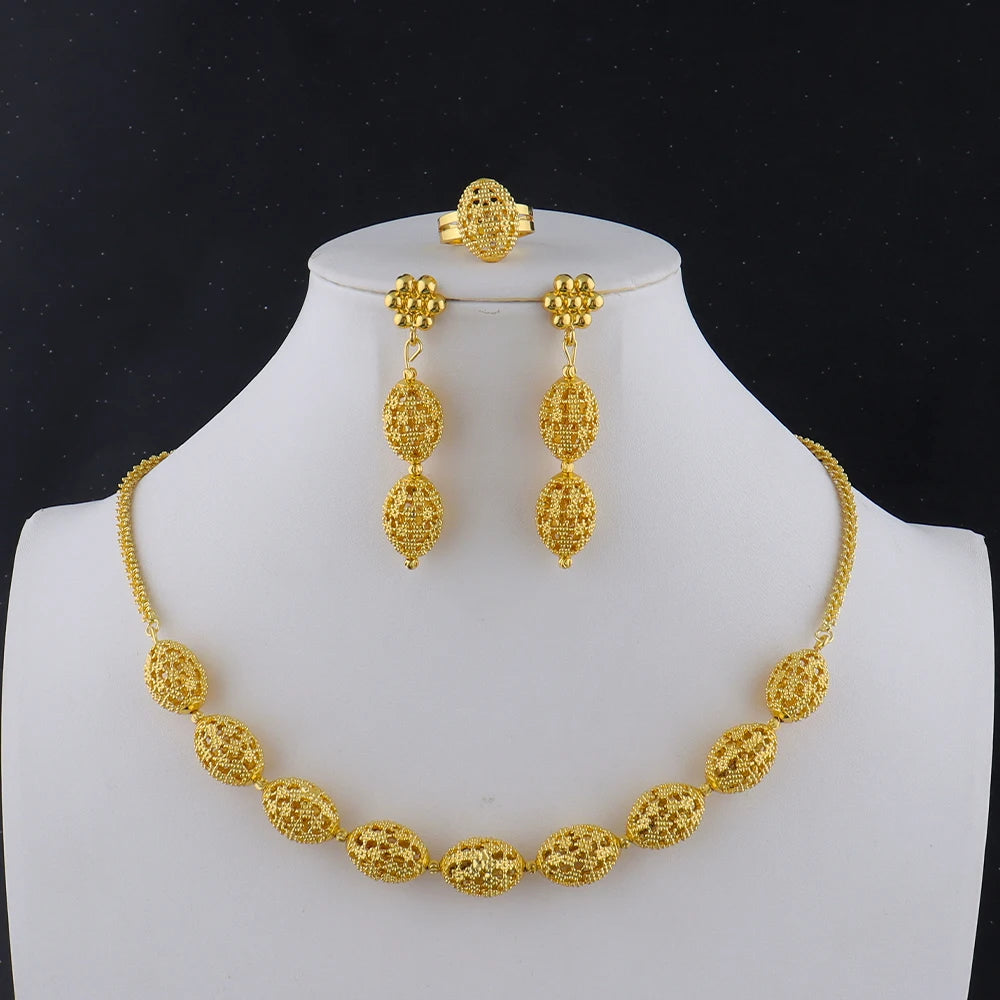 High Quality Luxury plated necklace set Women's Fashion Rugby Beads Chain party earrings ring cuban chain necklace Jewelry Girls