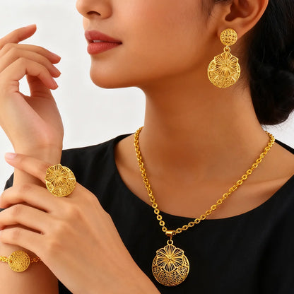 Luxury Arabic Gold Wedding Jewelry Set Gold Plated Dubai Bridal Necklace Earrings Ring Nigeria Women Vintage Jewelrys Gift