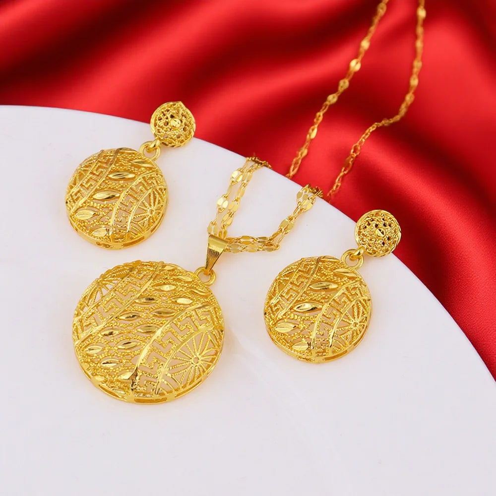 Dubai 24K Gold Plated Warped Geometry Necklace Earrings Jewelry Set For Women African Indian Nigeria Bridal Wedding Party Gift