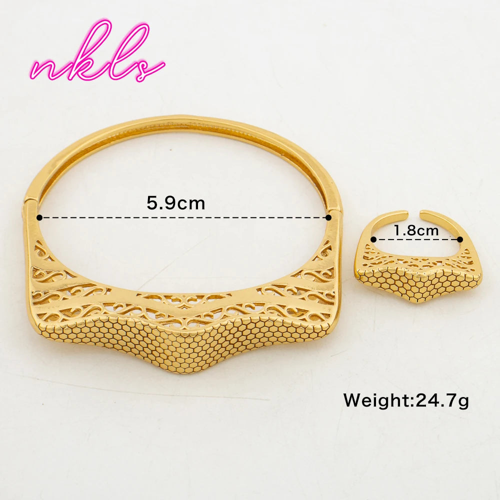 Plated Bangles with Rings 2Pcs Jewelry Set for Women Dubai Copper Bracelets African Charm Luxury Wedding Banquet Gifts