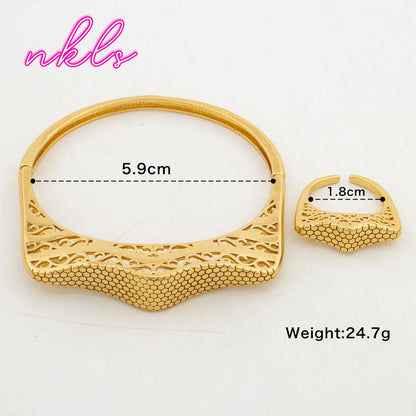 Plated Bangles with Rings 2Pcs Jewelry Set for Women Dubai Copper Bracelets African Charm Luxury Wedding Banquet Gifts