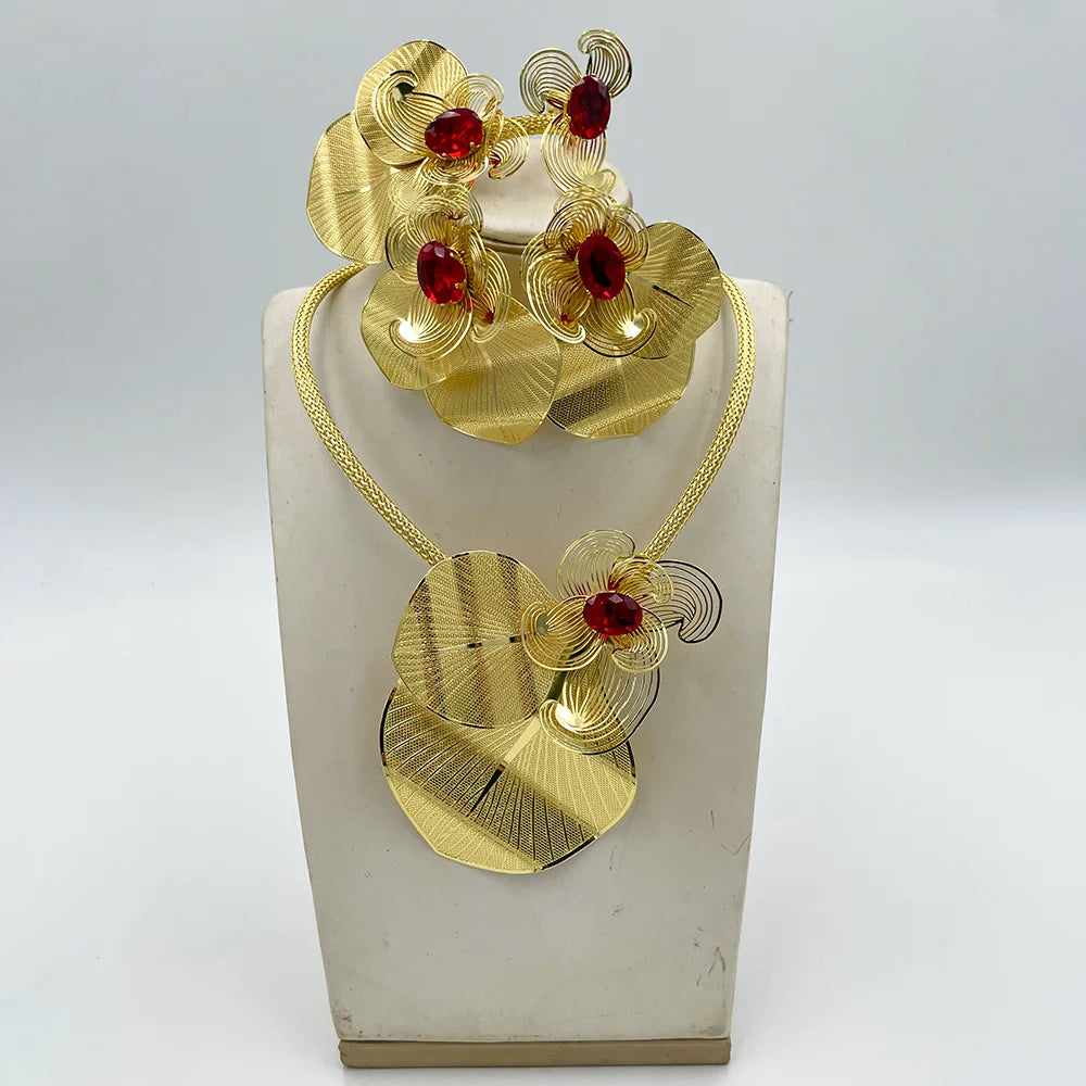 Luxury Crystal Design Jewelry Set for Women Bohemia Floral Design Necklace Drop Earrings Weddings Engagement Bracelet Ring Set