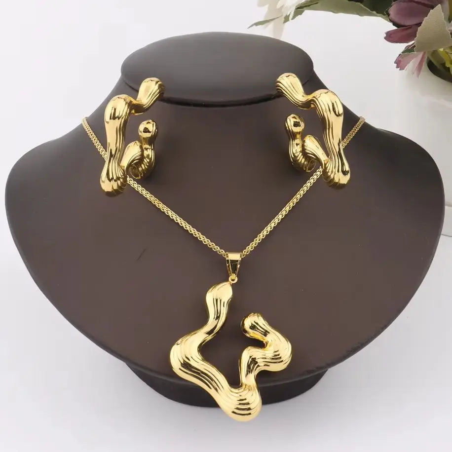 Wave Earrings & Necklace Set for African Women, Luxury Gift for Wedding Valentine Party, Elegant Jewelry Women Set