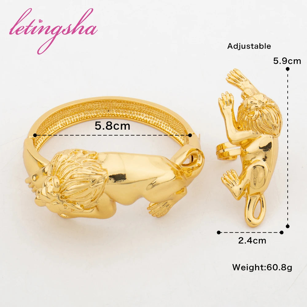 18K Gold Plated Big Bangle Fashion New African Lion Bangle Ring Set Bracelets Luxury Wedding Party Gift Jewelry