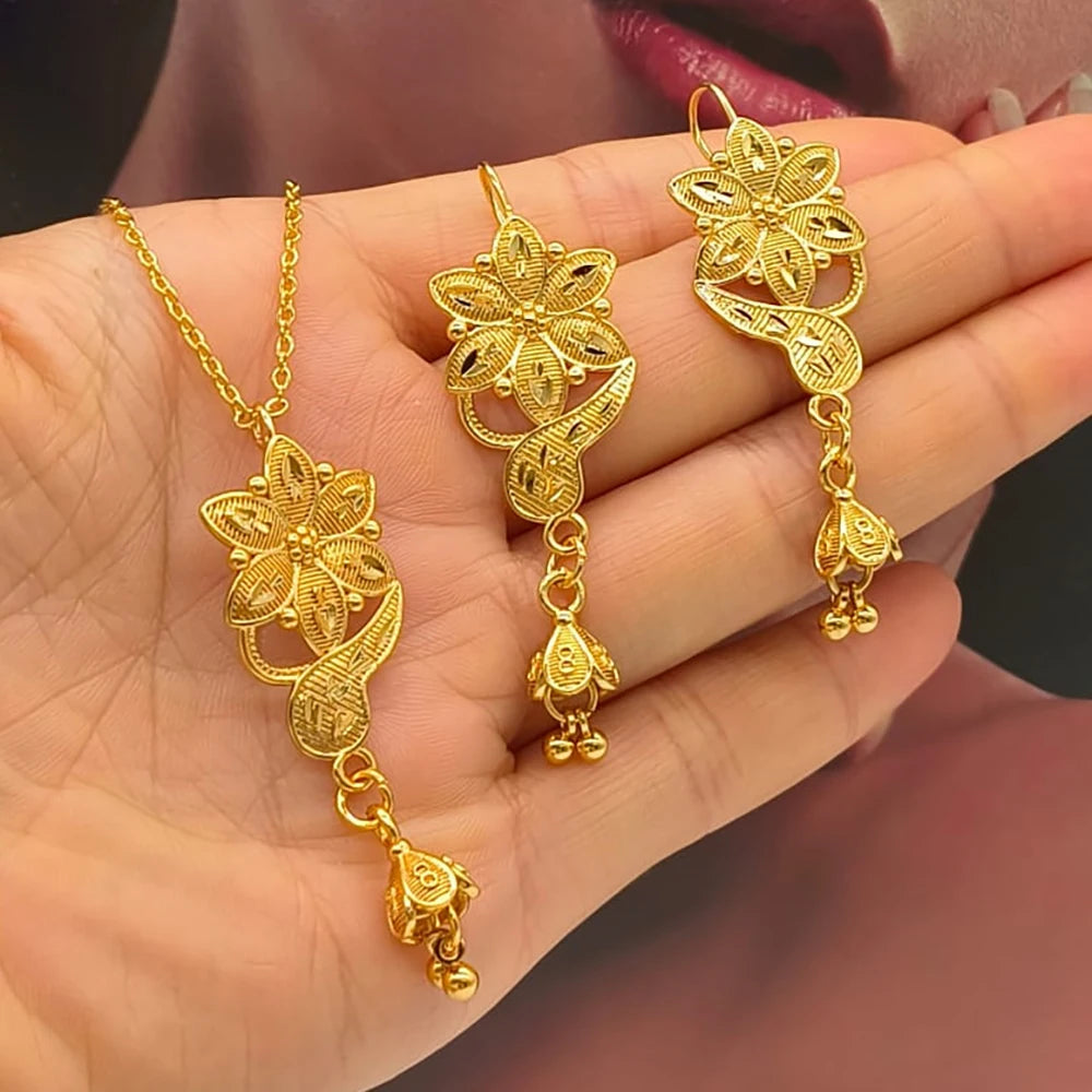 18K Gold African Hollow-Out Drop Earring Set & Necklace – 2Pcs Jewelry Set for Women, Elegant Engagement Party Gift