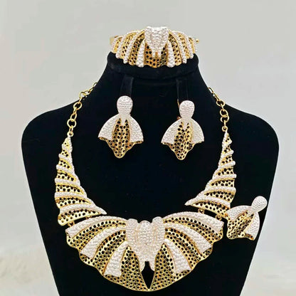 Dubai Mermaid Tail 4Pcs Jewelry Set, Hollow Earrings & Necklace Bangle Ring for Women, Luxury Africa Wedding Party Gift