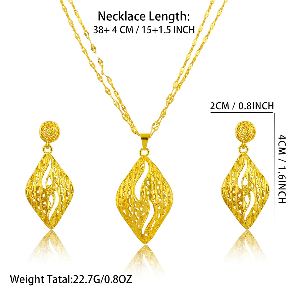 Fashion Gold Color Jewelry 24K Gold Color Warped Geometry Necklace Earrings Set Dubai India Africa Nigerian Bridal Gift
