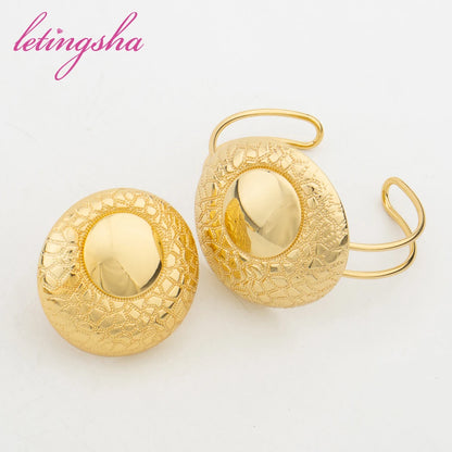 Luxury Weddings Jewelry Set African Clip Earrings Dubai Classic Necklace Gold Color for Women Set Cuff Bangle Ring Party Gift